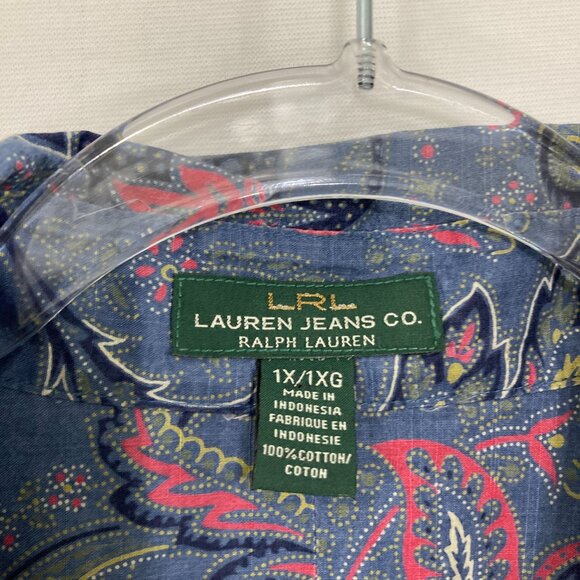 Lauren Ralph Lauren size 1X Blue Multi Paisley Rolled Sleeve Preppy Button Up - Picture 2 of 9